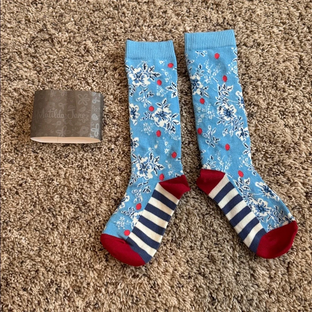 Matilda Jane Blue Floral Knee-High Socks with Navy Bow and Red Accents small